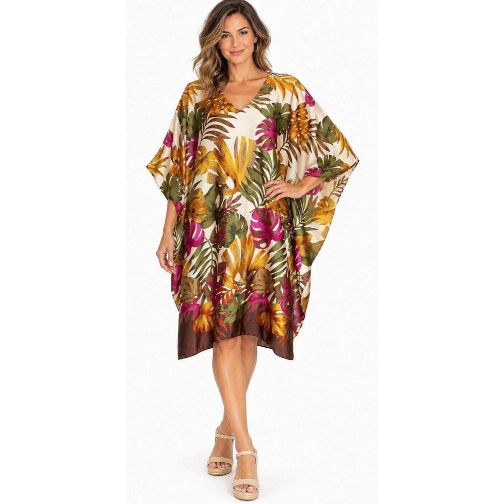 Ashro One Size Colorful Tropical Palm Trees Free Flowing Kaftan Dress NWT